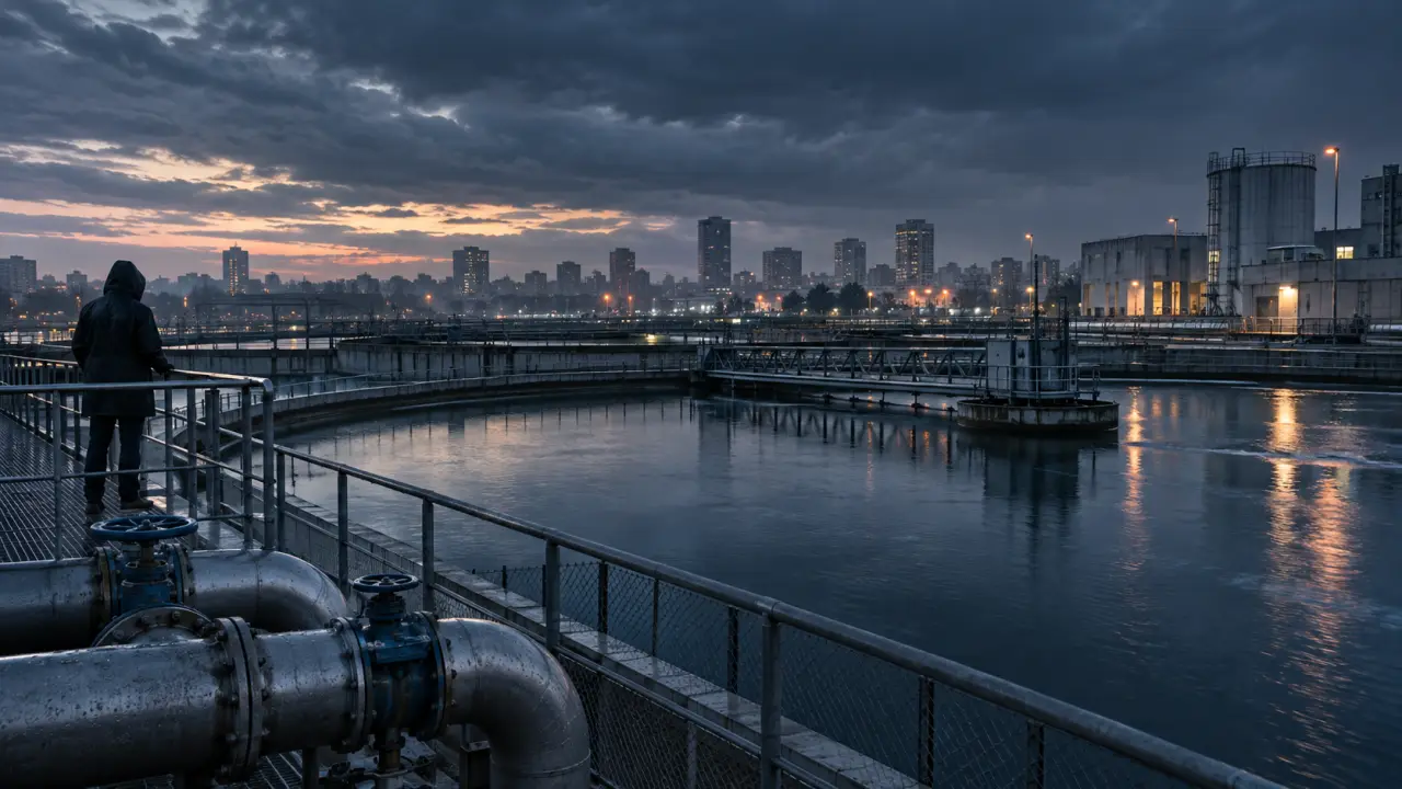 Installation de traitement de l’eau au crépuscule, dans une métropole française