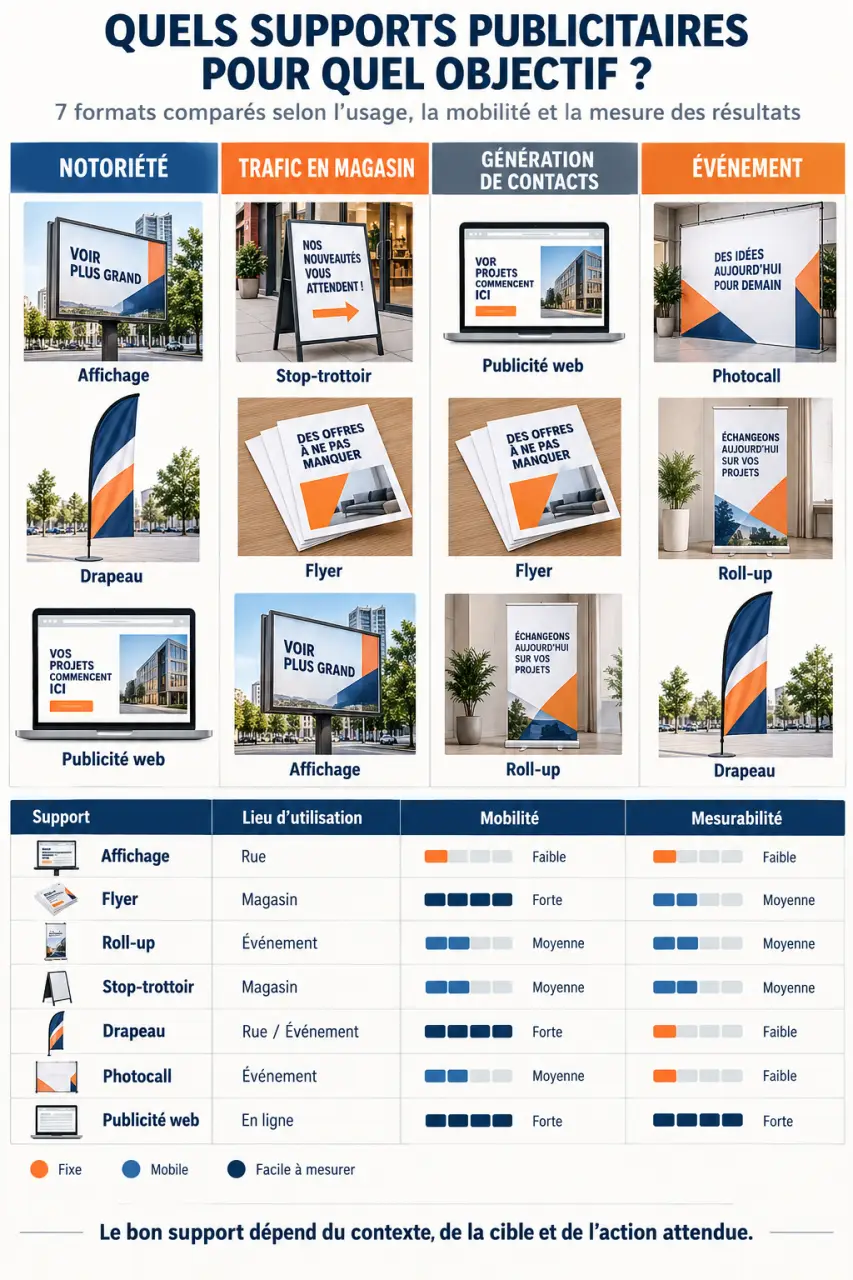 Infographie des formats de publicité support selon l’objectif, le lieu et la mesure