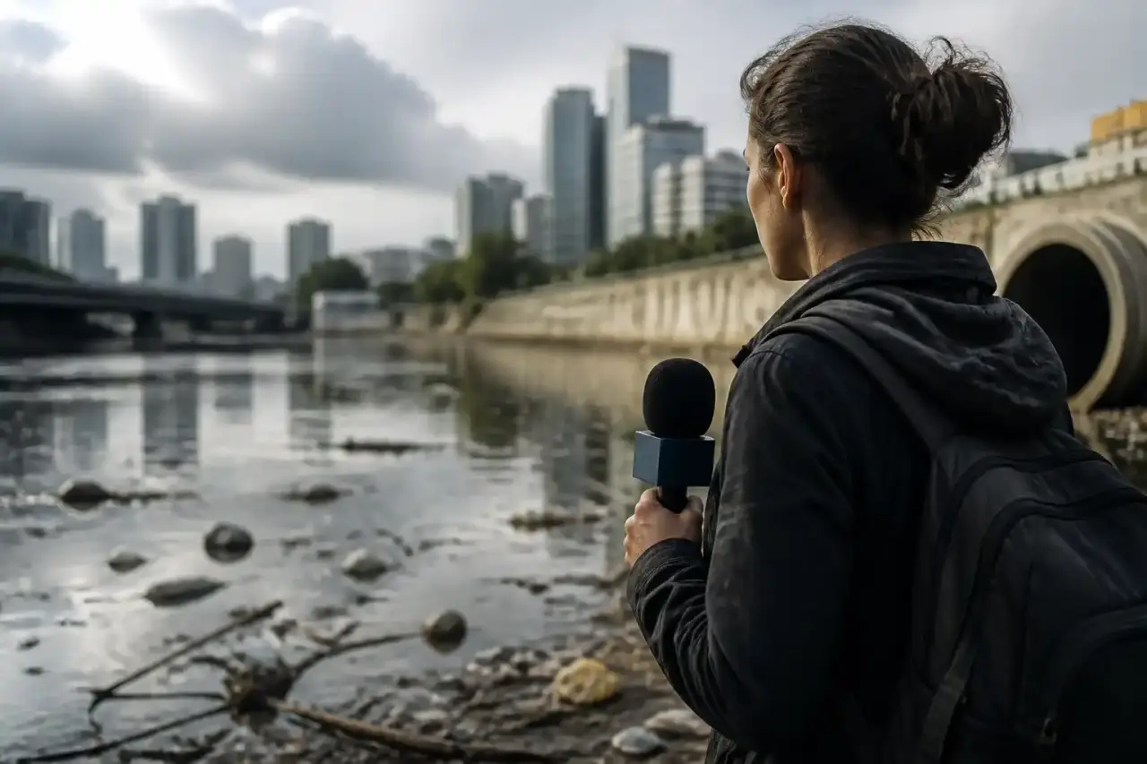 Photographie documentaire en noir et blanc d'une rédaction sombre, symbolisant l'enquête sur l'eau urbaine