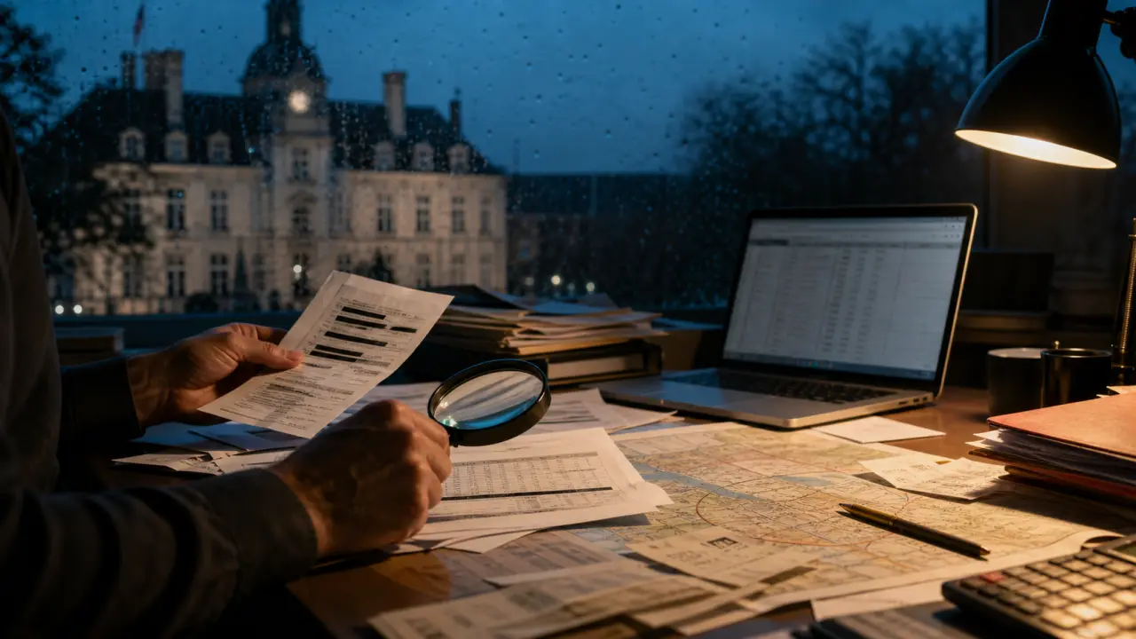 Photographie documentaire d'un journaliste examinant des documents dans un bureau sombre