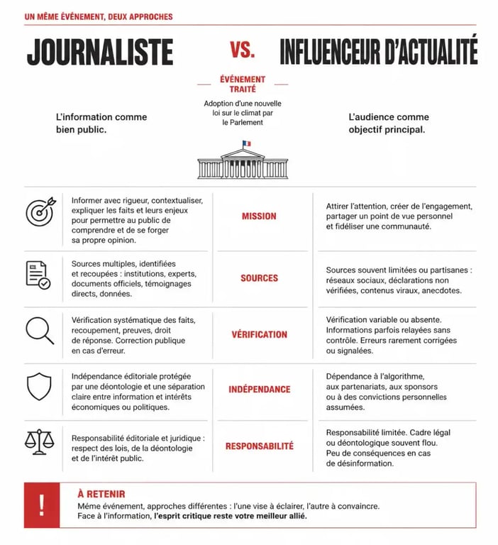 Quelle est la différence entre un journaliste et un influenceur d’actualité : comparatif visuel des méthodes, des sources et de la responsabilité