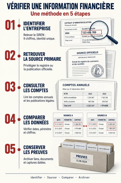 Processus pour comment vérifier les sources d’une information financière, de la recherche du SIREN au recoupement des documents officiels