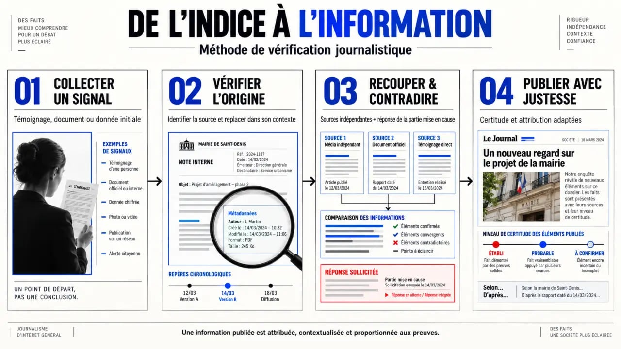 Comment les journalistes obtiennent-ils leurs sources : schéma du processus de collecte, vérification, recoupement et publication