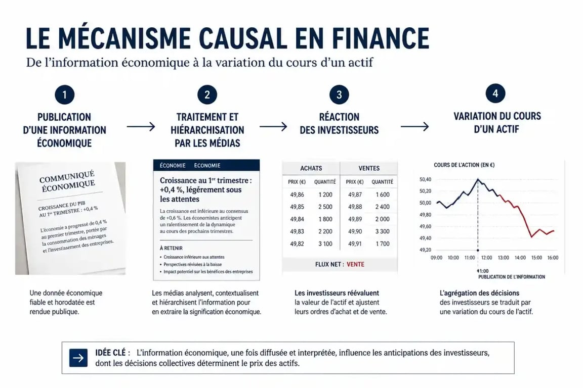 Schéma expliquant pourquoi les médias économiques influencent les marchés financiers, de la publication de l'information à la variation du cours