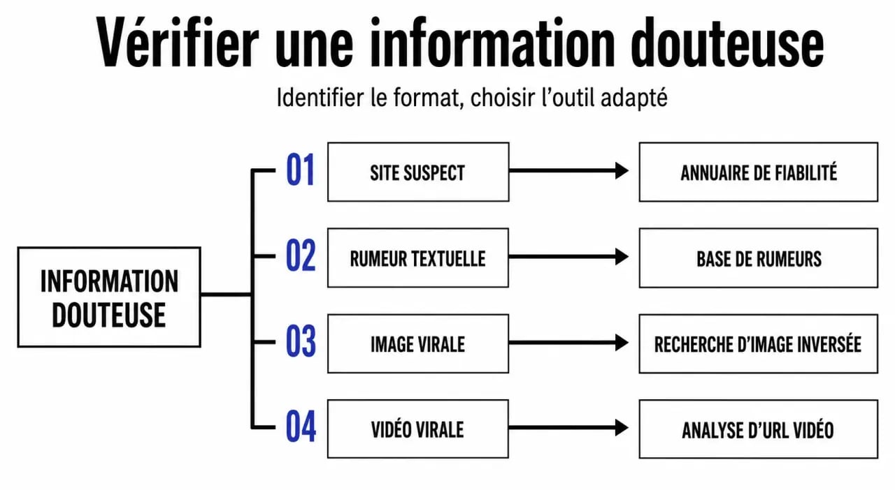 Quels sont les meilleurs outils de fact checking en ligne : schéma de choix selon une rumeur, une image, un site ou une vidéo