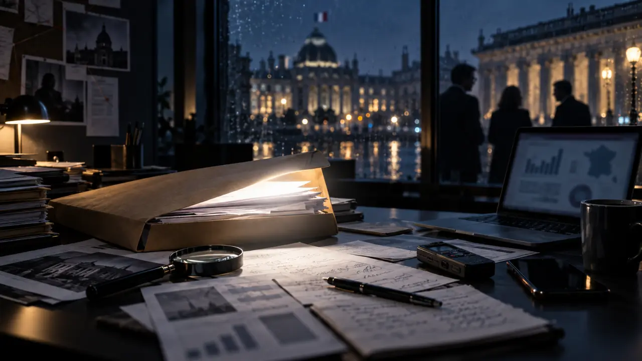 Documents d'enquête posés sur un bureau sombre, éclairés par une lampe