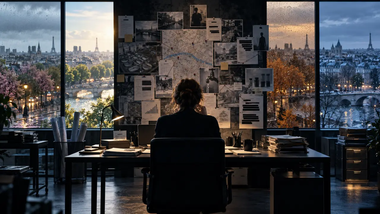 Journaliste travaillant sur des documents dans un bureau sombre