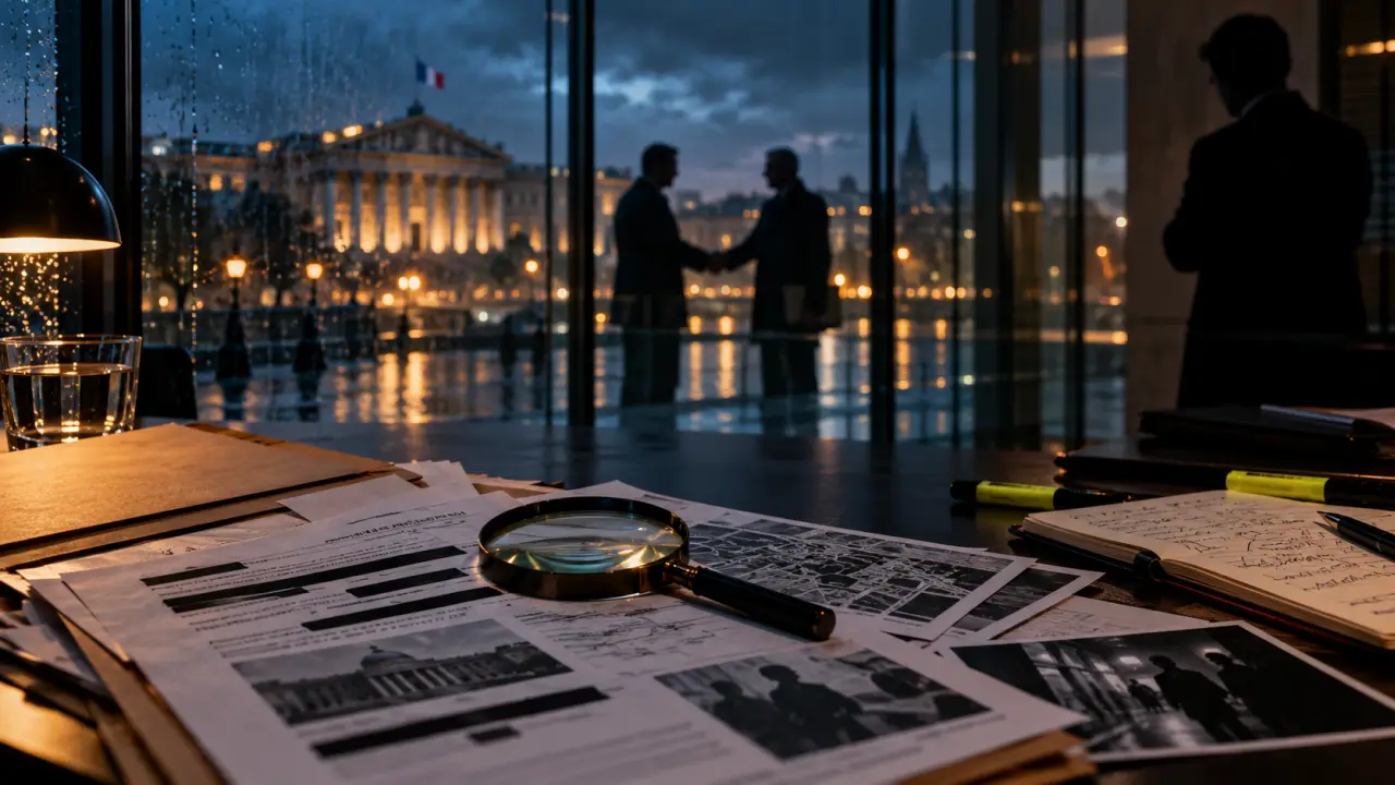 Documents d’enquête, notes et silhouettes dans un bureau de rédaction sombre