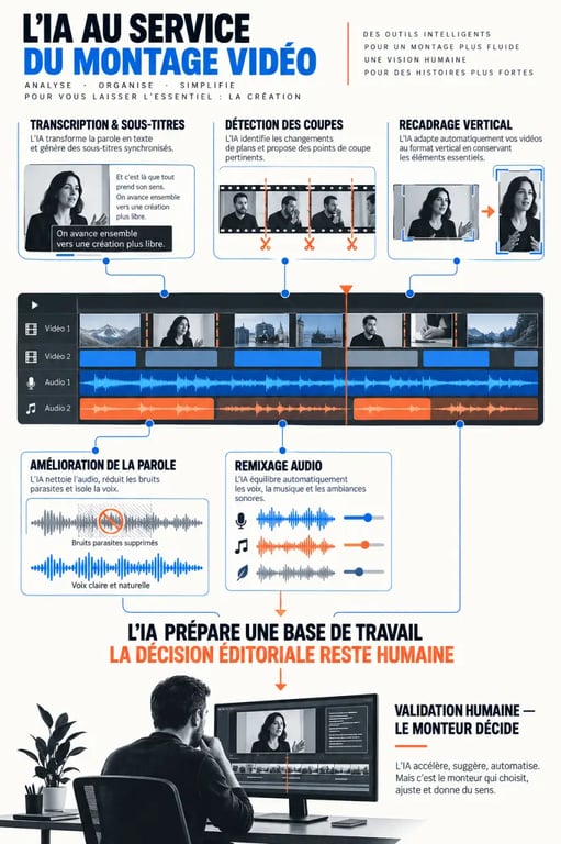 IA Premiere Pro : visualisation du workflow entre transcription, recadrage, audio et validation par le monteur