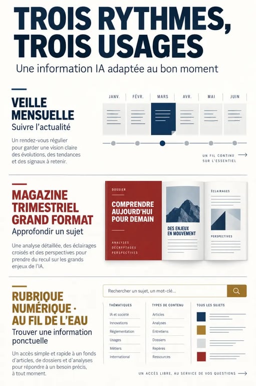 Magazine IA : comparaison visuelle des formats mensuel, trimestriel et numérique
