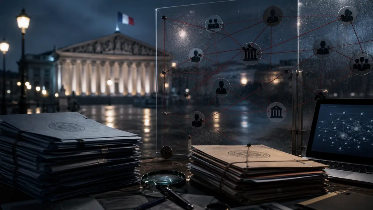 Documents d’enquête et silhouette d’un journaliste dans une rédaction sombre