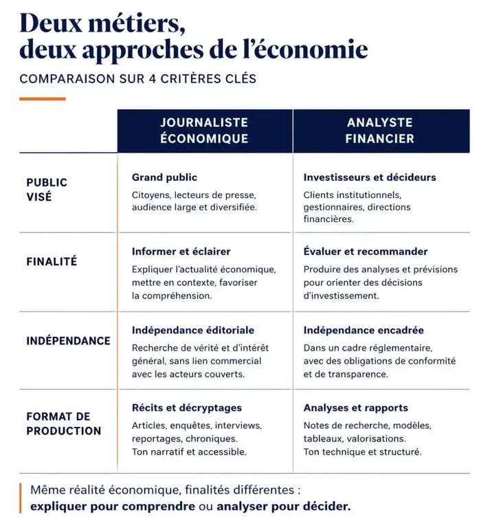 Infographie comparant le journalisme économique et le métier d'analyste financier