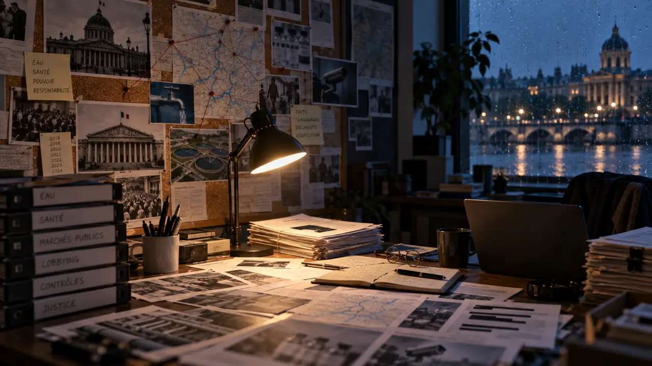 Journaliste travaillant sur des documents dans un bureau sombre