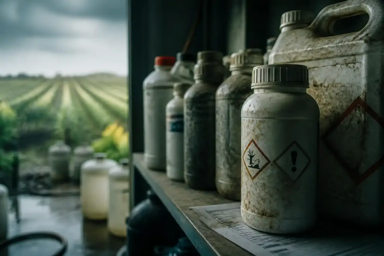 Bouteilles de pesticides non étiquetées stockées dans un entrepôt clandestin